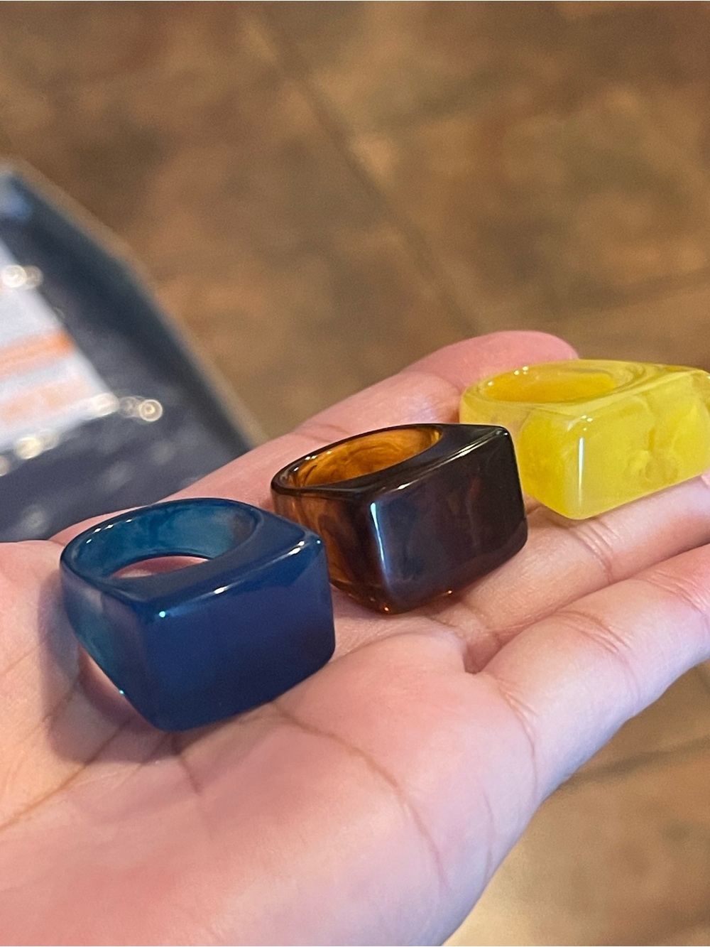Acrylic Square Ring Trio in Blue, Brown & Yellow